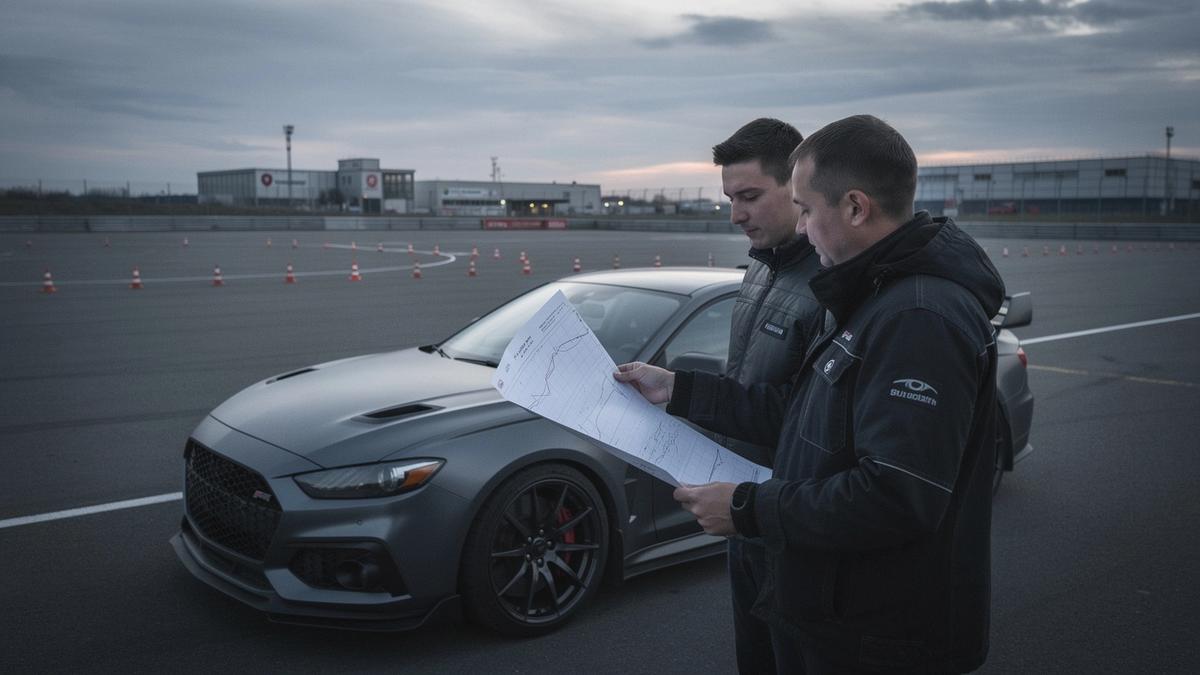 Instructor showing a printed telemetry trace to a driver beside a car at the closed Chaika training ground