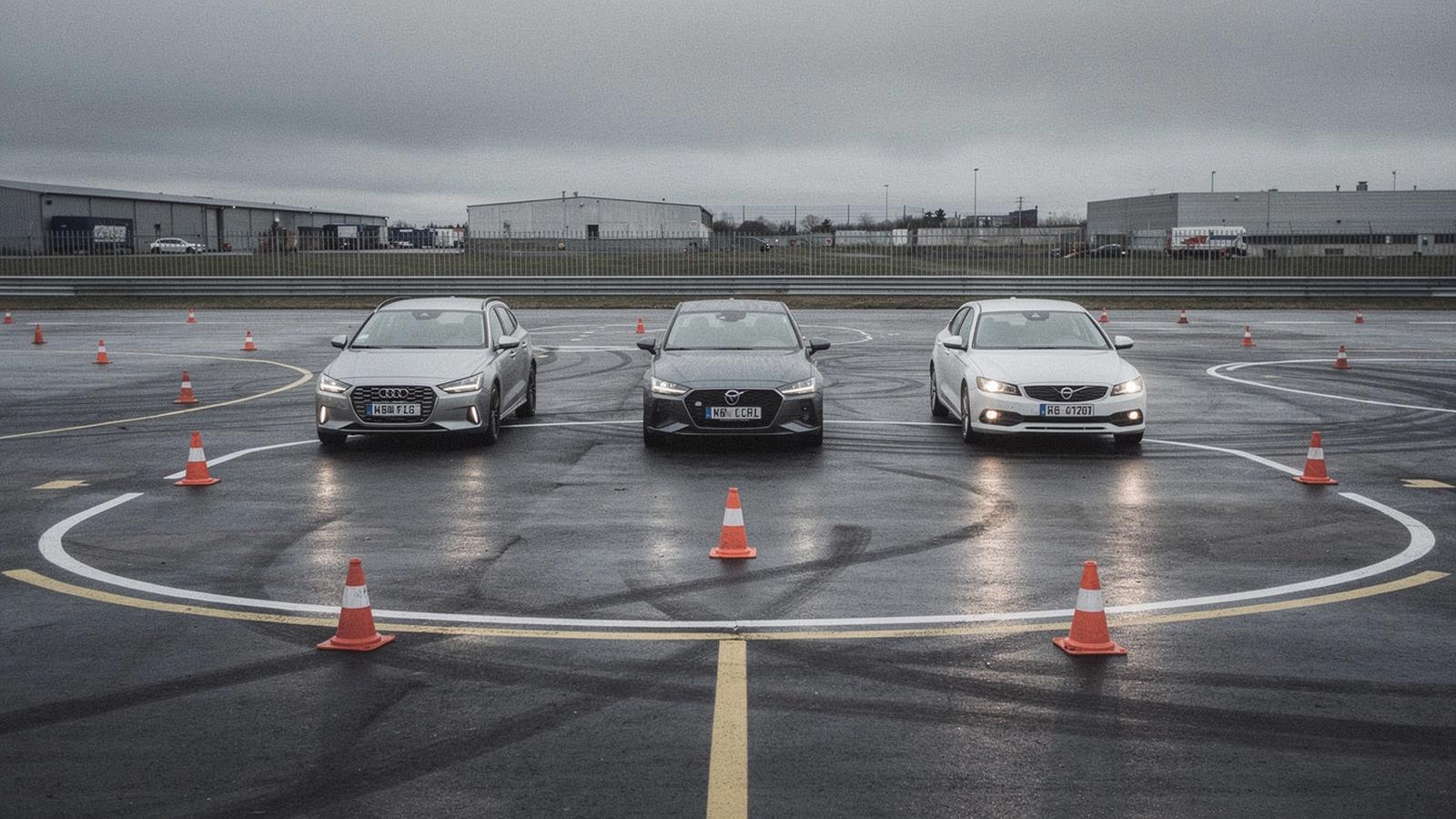 Cars waiting on wet asphalt at the Chaika closed training ground before a braking accuracy session