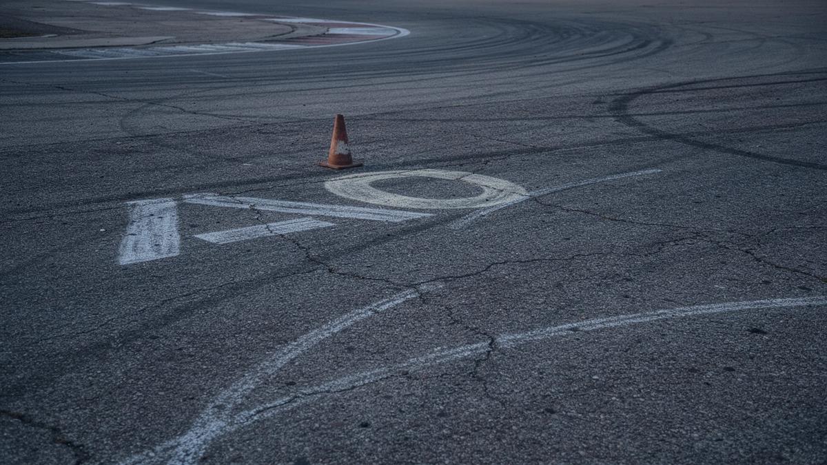 Annotated braking-zone and apex markers painted on the closed-course asphalt at the Chaika training ground