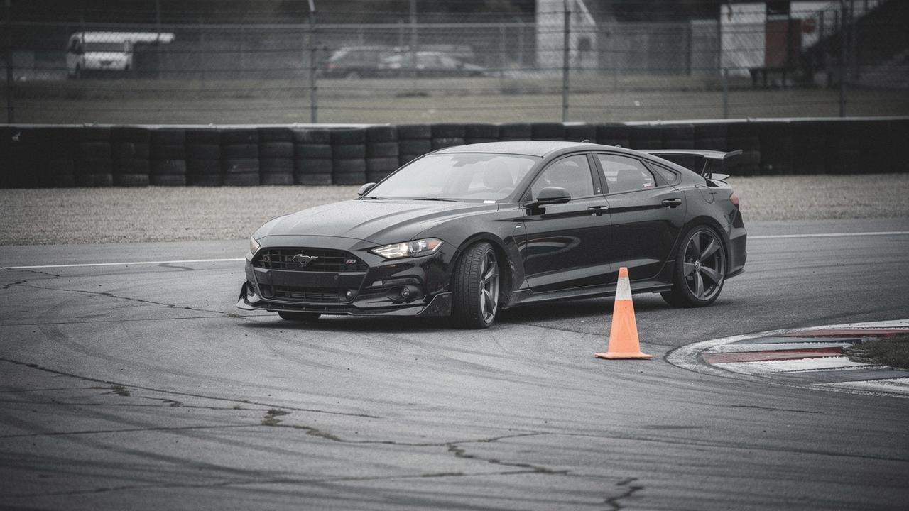 Instructor car braking into a marked corner on the closed Chaika training ground in Kyiv