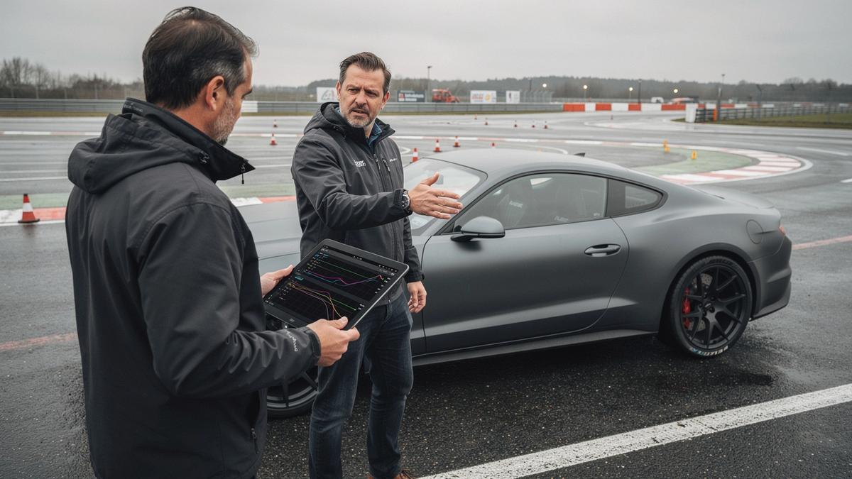 Instructor and student reviewing braking telemetry beside a car at the Chaika training ground