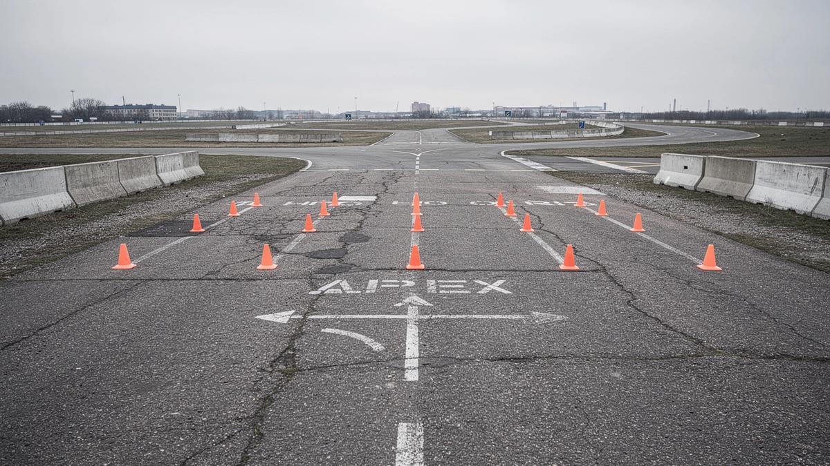 Cone-marked braking zone and painted apex notes on the Chaika closed training course
