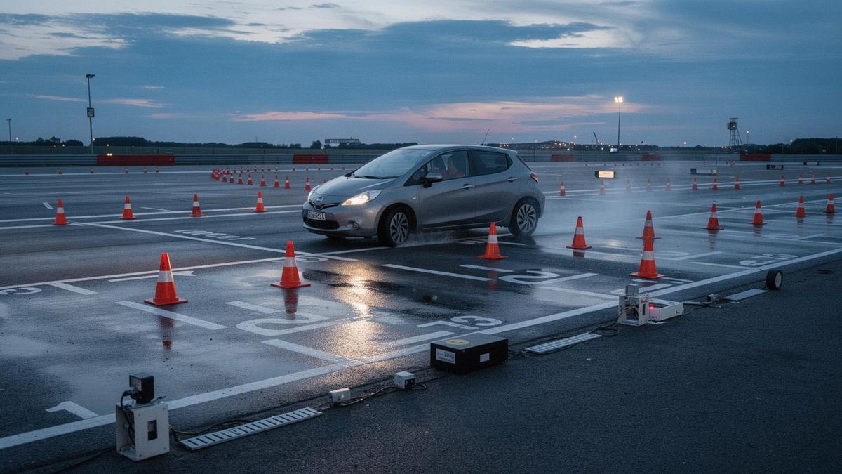 Braking zone at the closed Chaika training ground marked with cones and painted braking points