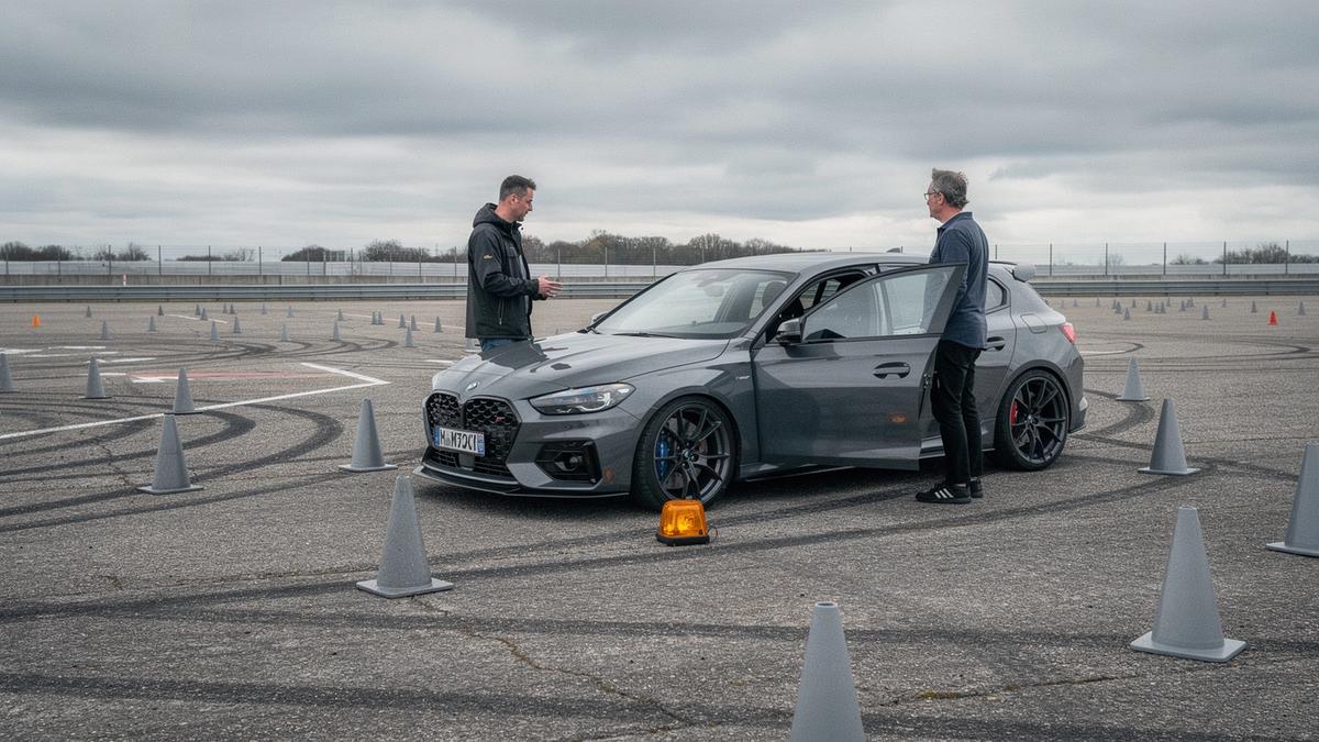 Instructor briefing a driver beside a car on the closed course at the Chaika training ground