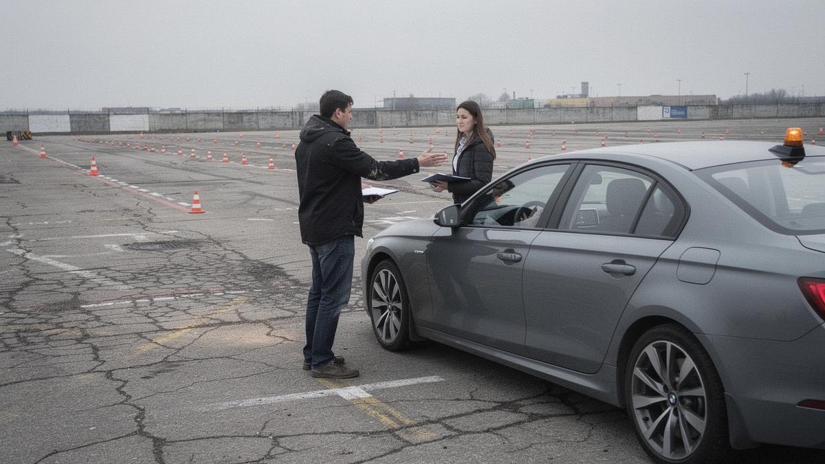 Instructor briefing a driver beside a car at the closed Chaika training ground